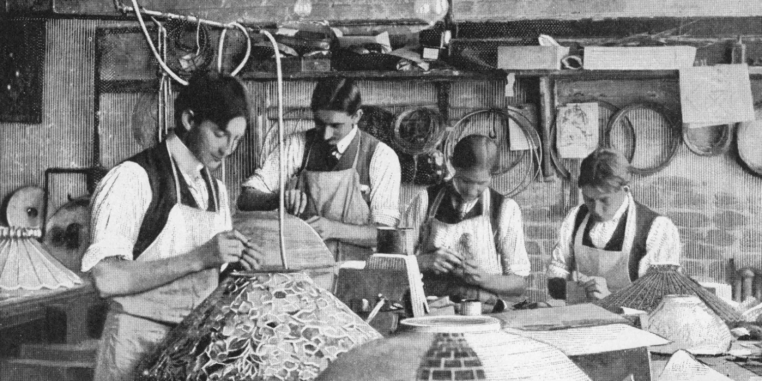 Men fabricating Tiffany’s leaded-glass shades, ca. 1898. From the January 1899 edition of “The Cosmopolitan” magazine.