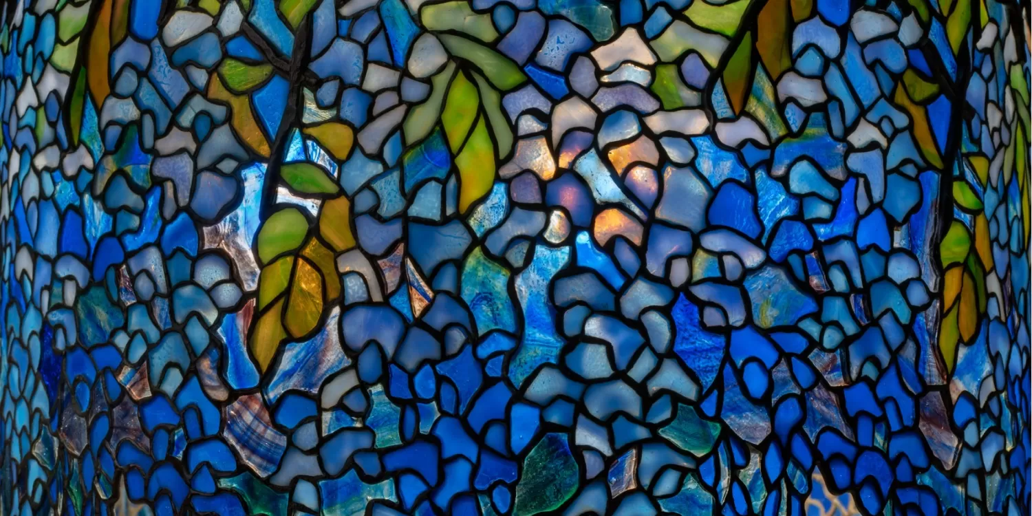 Detail view of a wisteria lamp with Tiffany glass