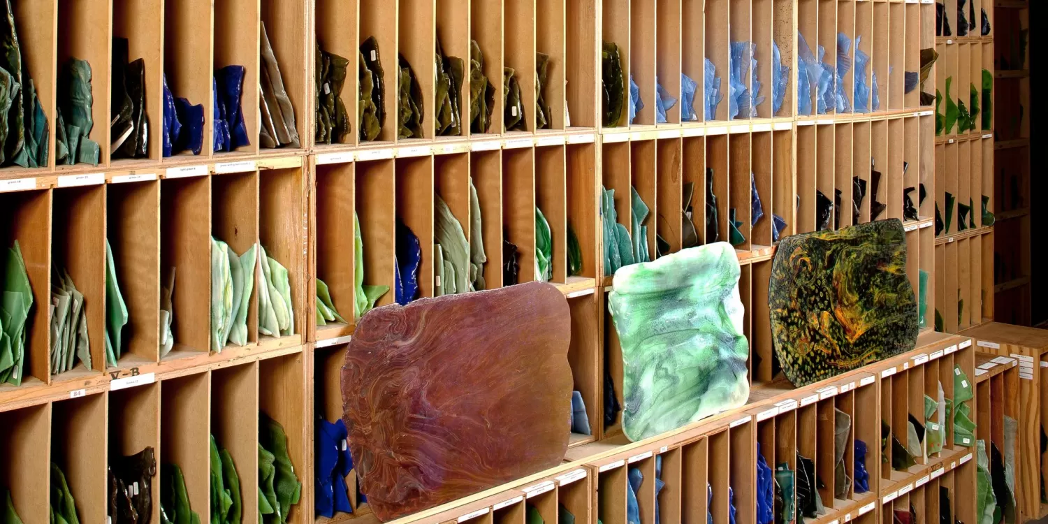 Racks of stored Tiffany glass in storage at The Neustadt