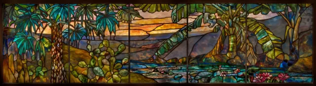 Horizontal rectangular opalescent glass window showing tropical landscape