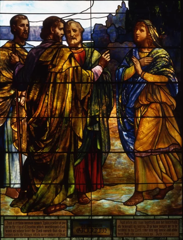 Lydia Entertaining Christ and the Apostles Tiffany window
