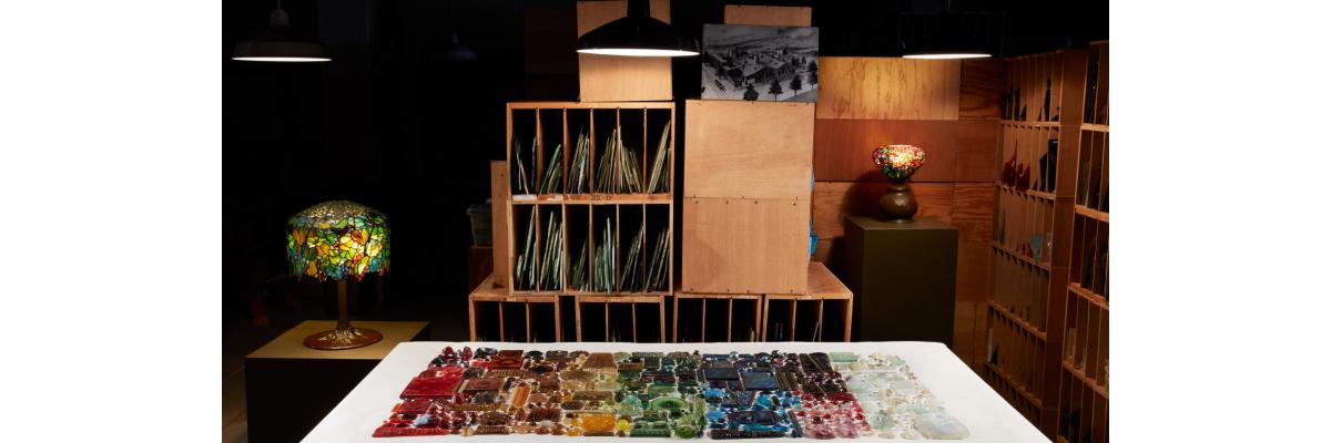 Glass on a worktable and glass storage at the Tiffany Glass Archive