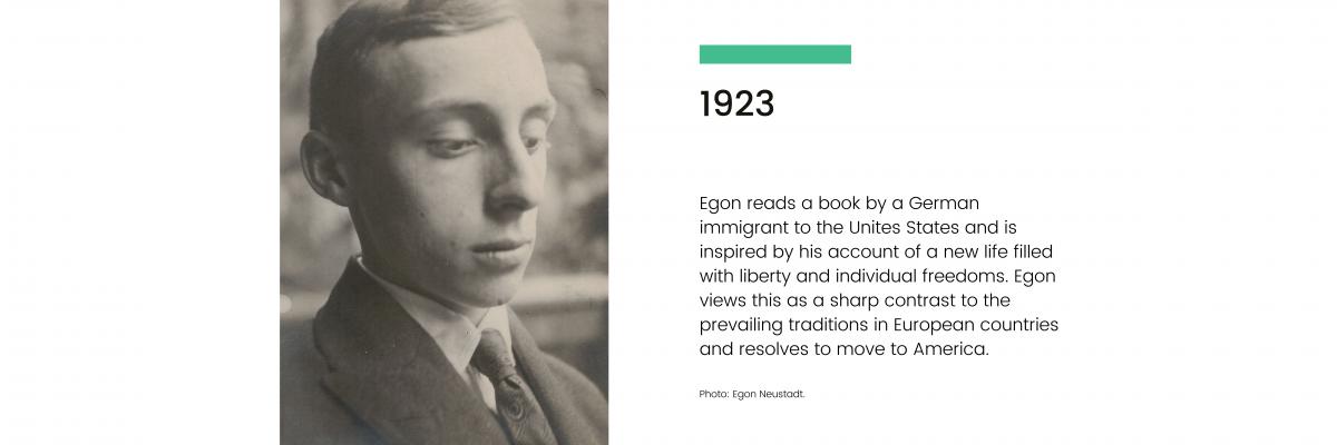 1923: Egon reads a book by a German immigrant to the United States and is inspired by his account of a new life filled with liberty and individual freedoms. Egon views this as a sharp contrast to the prevailing traditions in European countries and resolves to move to America.