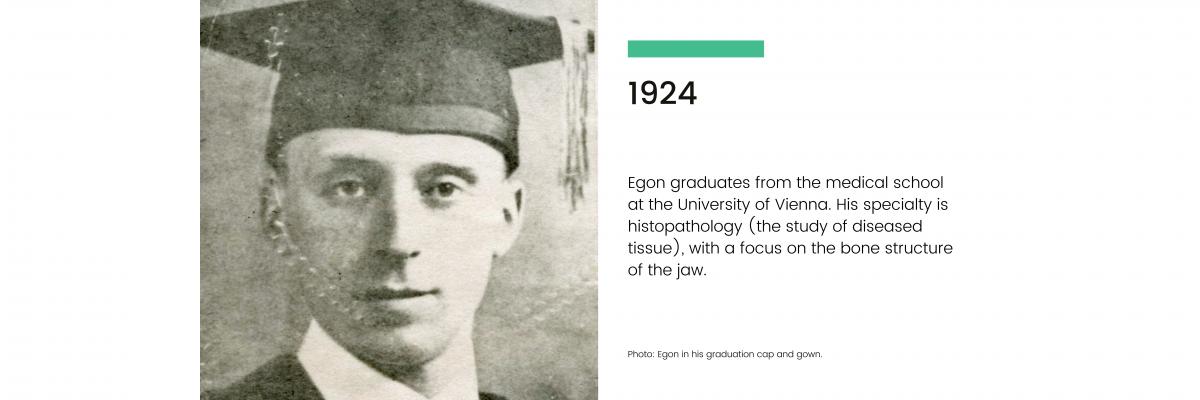1924: Egon graduates from the medical school at the University of Vienna. His specialty is histopathology (the study of diseased tissue), with a focus on the bone structure of the jaw.