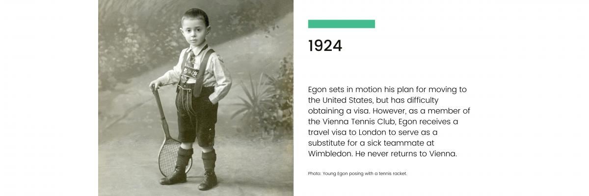1924: Egon sets in motion his plan for moving to the United States, but has difficulty obtaining a visa. However, as a member of the Vienna Tennis Club, Egon receives a travel visa to London to serve as a substitute for a sick teammate at Wimbledon. He never returns to Vienna.