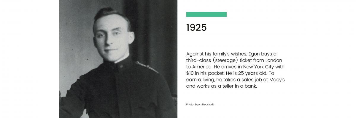 1925: Against his family's wishes, Egon buys a third-class (steerage) ticket from London to America. He arrives in New York City with $10 in his pocket. He is 25 years old. To earn a living, he takes a sales job at Macy's and works as a teller in a bank.