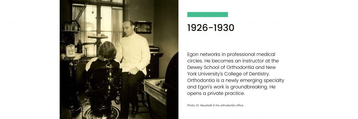 1926-1930: Egon networks in professional medical circles. He becomes an instructor at the Dewey School of Orthodontia and New York University's College of Dentristry. Orthodontia is a newly emerging specialty and Egon's work is groundbreaking. He opens a private practice.