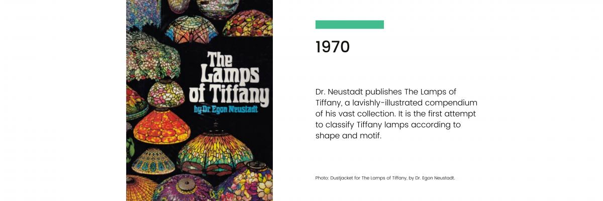 1970: Dr. Neustadt publishes The Lamps of Tiffany, a lavishly-illustrated compendium of his vast collection. It is the first attempt to classify Tiffany lamps according to shape and motif.