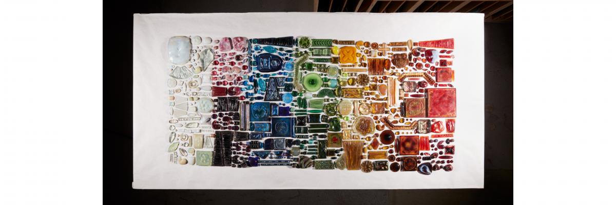 Overhead of glass on a worktable at the Tiffany Glass Archive