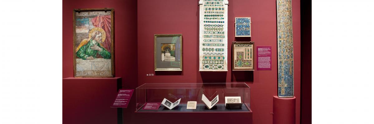 Wall display at the Neustadt Exhibit for Louis C. Tiffany and the Art of Devotion 