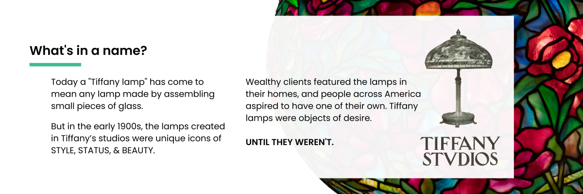 Image of Tiffany Peony lamp, text about early popularity of Tiffany lamps