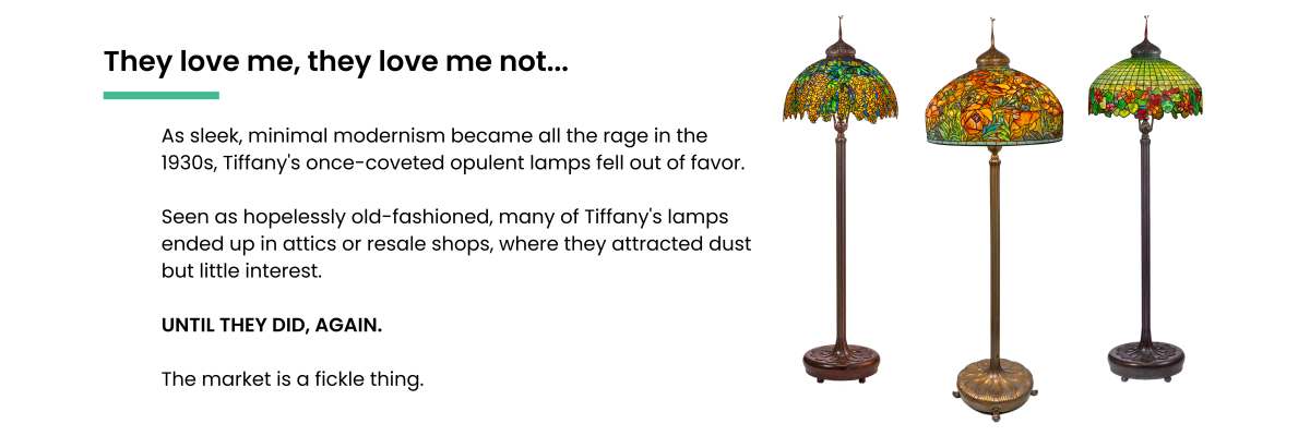 Photo of Tiffany floor lamps, text about Tiffany lamps becoming unpopular in the 1930s